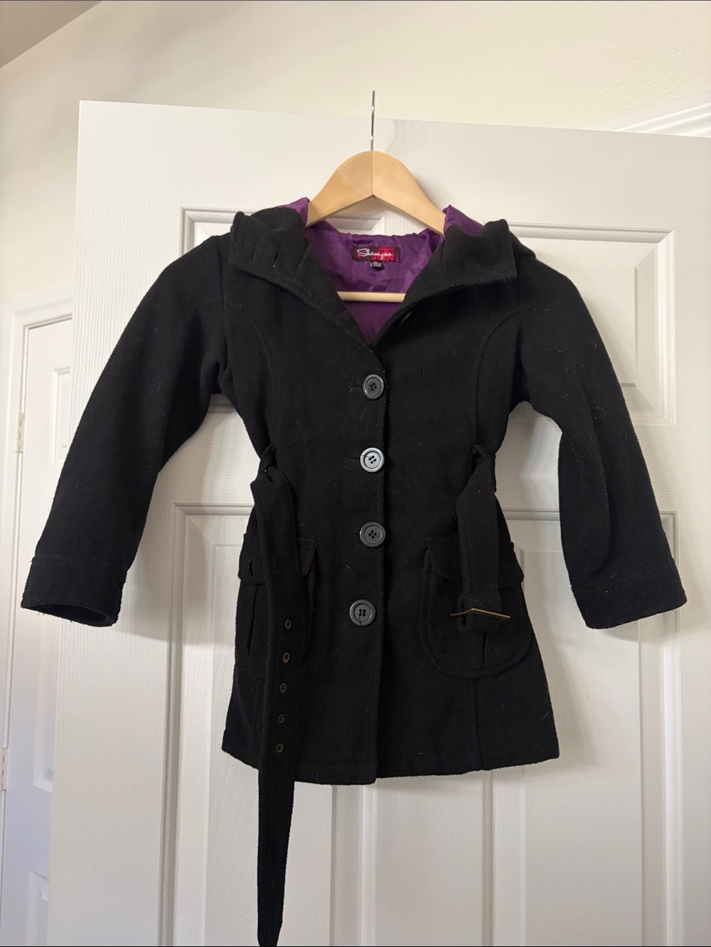 Girls Black Pea Coat with Purple Lining - Classic Winter Jacket
